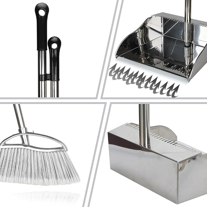 Outdoor Broom and Dustpan Comb Set,Heavy Duty Stainless Steel Metal Dust Pan with Long Handle Commercial Stiff Bristles Broom for Home Garage Garden Patio