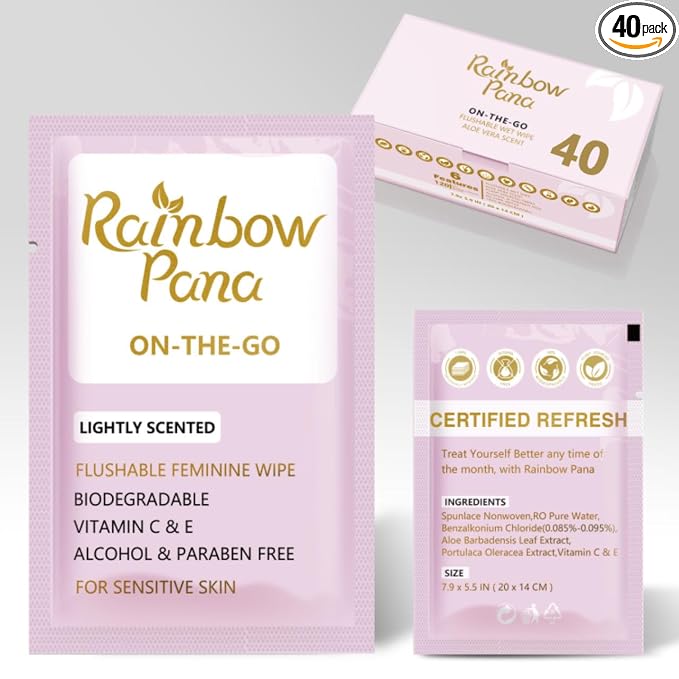 RainbowPana Feminine Wipes, 40 Count ON-THE-GO Individually Wrapped | Flushable Wipes, Travel Wipes for Women, | Aloe, Portulaca, Vitamin E | pH Balanced