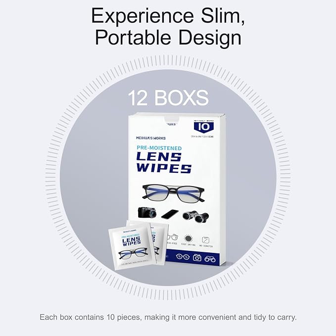 120 Count Lens Wipes for Eyeglasses, Eye Glasses Cleaner Wipes for Screens | Pre-Moistened Individually Wrapped, Streak-Free Scratch-Free, Travel, Eyeglass Cleaning Wipes for Sunglasses, Camera Lens