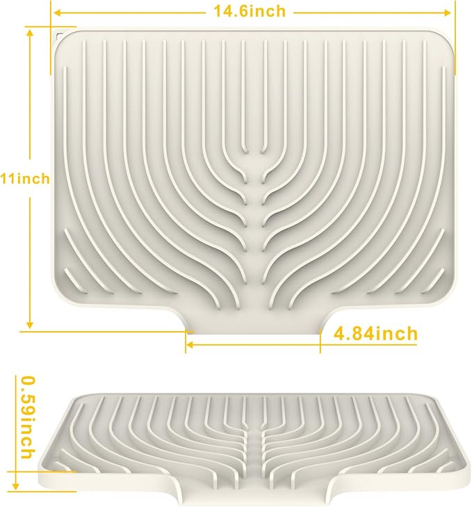 Kitchen Counter Dish Drying Mat, 14.6"x11" Dish Drying Rack(cream) | Various Sizes & Colors,Steep-Slope Built in Drain,High-fin Ventilation,Food-grade Silicone,500F heat resistant,for Flat sinks
