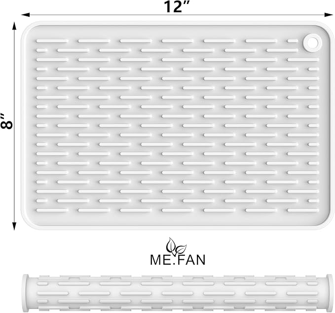ME.FAN Silicone Dish Drying Mat for Kitchen Counter, Dish Drying Pad for Sink, Refrigerator or Drawer, Countertop Protection Pad S - 12'' x 8'' - White