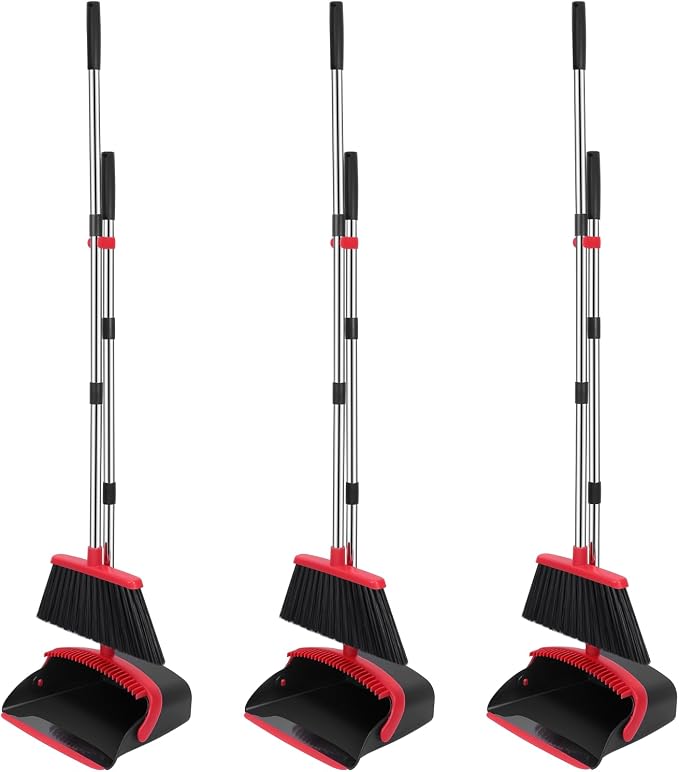 NACENA Broom and Dustpan Set, 52-in Long Adjustable Handle Broom Dustpan Combo with Dustpan Teeth to Automatically Clean Hair Suitable for Home Kitchen Office Hall Floor(Black&Red),3 Pcak