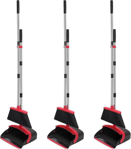 NACENA Broom and Dustpan Set, 52-in Long Adjustable Handle Broom Dustpan Combo with Dustpan Teeth to Automatically Clean Hair Suitable for Home Kitchen Office Hall Floor(Black&Red),3 Pcak