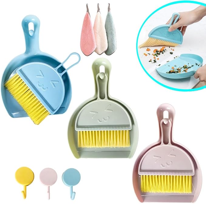 3 Pcs Mini Broom and Dustpan Set,Small Hand Broom and Dustpan Cleaning Cloths Set for Home Car Kitchen Table Kids Dustpan Brush Set for Sweeping Up Kitty Litter Pet Hair, with Hanging Hook