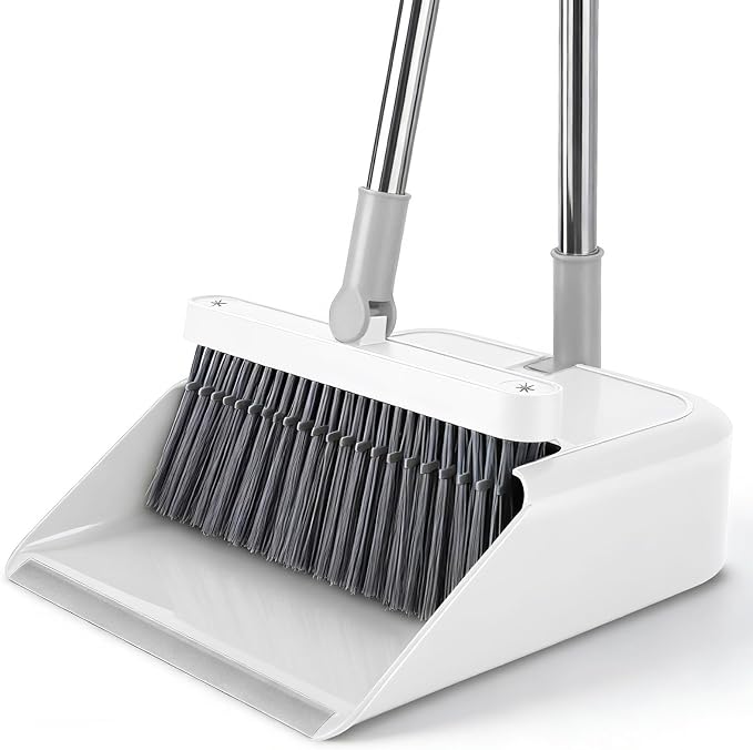 Broom and Dustpan Set, 51 inch Long Adjustable Handle Angle Broom and Dustpan Combo Set with Double Dustpan Teeth to Clean Hair for Home Kitchen Office Lobby, White&Grey