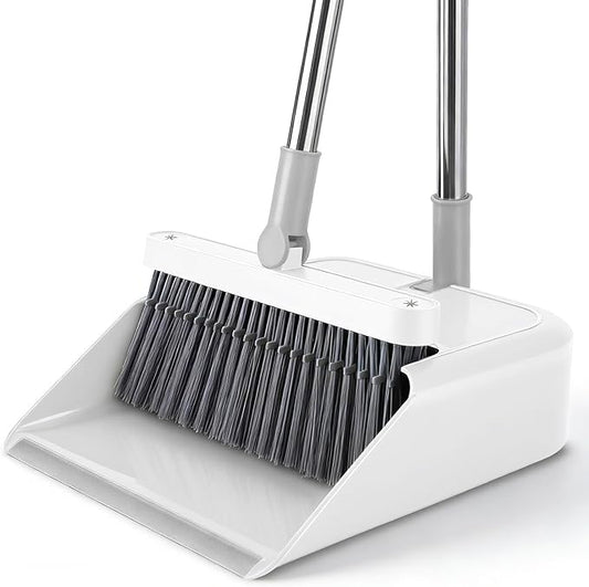 Broom and Dustpan Set, 51 inch Long Adjustable Handle Angle Broom and Dustpan Combo Set with Double Dustpan Teeth to Clean Hair for Home Kitchen Office Lobby, White&Grey