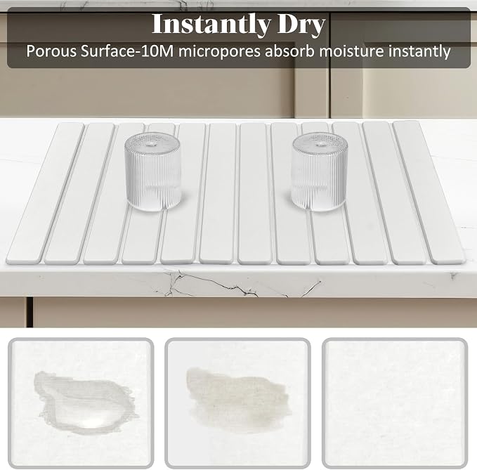 Large Stone Dish Drying Mat for Kitchen Counter, Foldable Quick Drying Dish Mats, Ultra Absorbent Diatomaceous Earth Mats for Dishes Bottles Cups, Match Any Countertop (White 24"×16" & 8"x4")