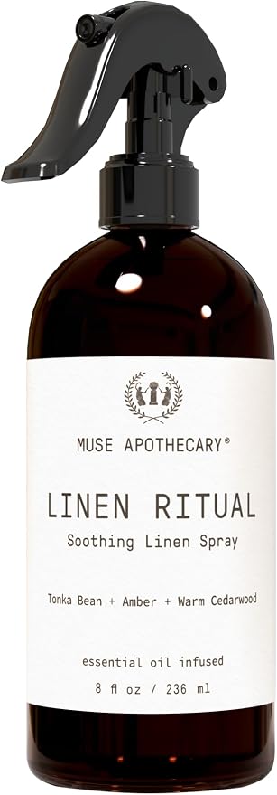 Muse Apothecary Linen Ritual - Aromatic, Soothing, and Relaxing Linen Mist, Laundry and Fabric Spray - Infused with Aromatherapy Essential Oils - 8 oz, Tonka Bean + Amber + Warm Cedarwood