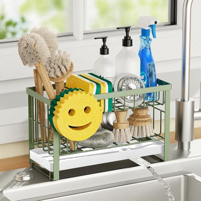 Sponge Holder for Kitchen Sink with Flexible Smiley Face, 2 Tier Kitchen Sink Organizer, Countertop and Storage Essentials, Soap Dispenser Organizer, Home Decor Accessories - Green
