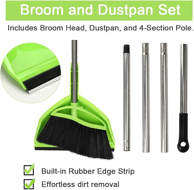 Soft Bristle Broom and Dustpan Combo Set, Long Handle Indoor Broom (Green) | No-bend Long Handle & Angled Head Sweep Dust Effortlessly. Rubber Strip Locks Fine Particles. For hardwood, tile