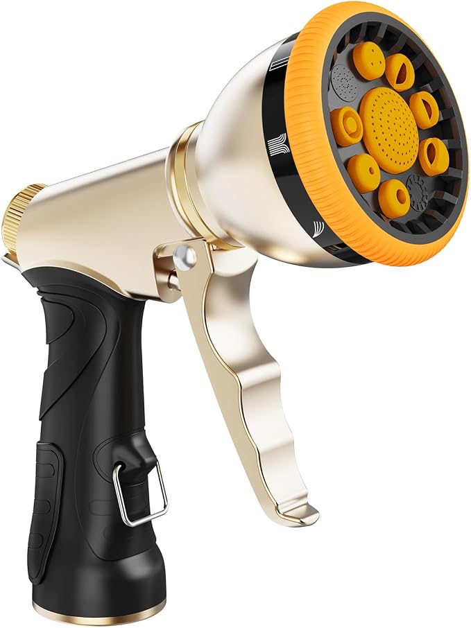 RAINPOINT Garden Hose Nozzle, Metal Hose Sprayer Nozzle With 9 Adjustable Spray Patterns, Heavy Duty Hose Sprayer for Watering Plants, Lawns, Car Wash, Pet Washing (1, Orange)