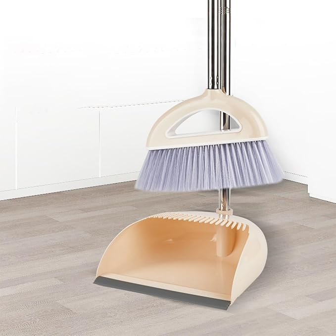 Broom and Dustpan Combo for Office, Broom and Dustpan Set for Home, Long Handle Broom with Upright Standing Dustpan,Indoor&Outdoor Sweeping