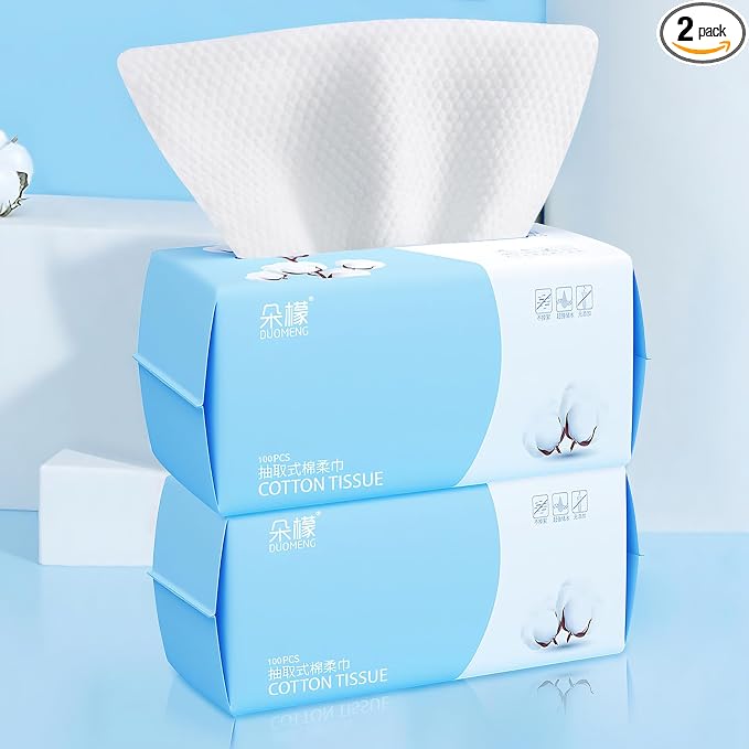Cotton Facial Dry Wipes 100 Count, Deeply Cleansing Disposable Face Towel Wash Cloth, Multi-Purpose for Skin Care, Make-up and Face Wipes (2 Pack)