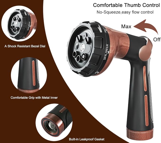 FANHAO Heavy Duty Garden Hose Nozzle, Metal Hose Sprayer Easy Thumb Control | 8 Spray Patterns, Rustproof Water Nozzle, Non-Slip Ergonomic Grip, Elder & Child Friendly for Garden, Car & Pet, Brown