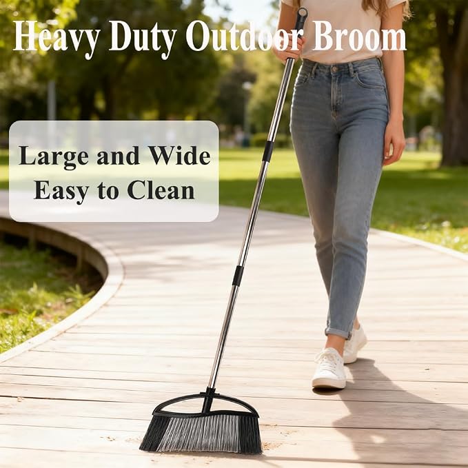 3 Pack Wide Heavy Duty Angle Broom - Stiff Bristle Outdoor Brooms for Sweeping Patio, Garden, Garage, Yard (Black, Yellow, Green)