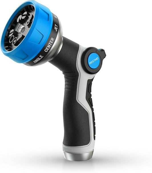 RESTMO 10-in-1 Water Hose Nozzle, Garden Hose Sprayer for Outdoor | 10 Spray Patterns, Lightweight, Thumb Control for Flow Adjustment, Ideal for Watering Plants & Lawns, Cars & Pets, Blue