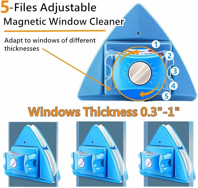 Double-Sided Window Cleaner Glass Wiper Magnetic Cleaning Tools, 5-Gears Adjustable Magnetic Glider Washing Brush Tools, for High-Rise Double Thick Glazed Windows Thickness 0.3"-1" (Blue)
