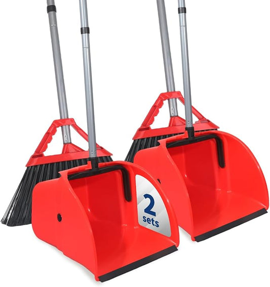 Commercial Broom and Dustpan Set, Jumbo Lobby Debris Dustpan (14inch*14inch), Heavy Duty Broom (14inch Width), 2 Sets, Red,for Indoor and Outdoor Cleaning,Red