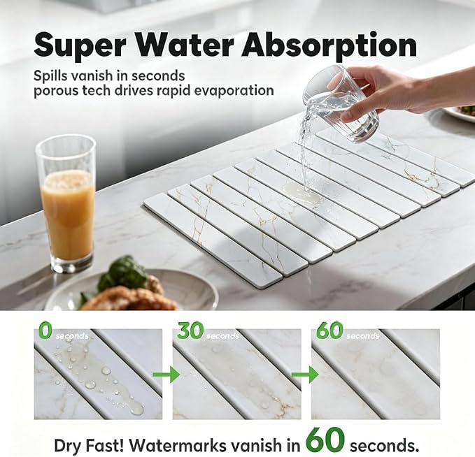 Stone Drying Mat for Kitchen Counter, Quick Diatomaceous Earth Mats for Dishes, 24"L x 16" W Super Absorbent Fast-Drying Collapsible Countertop Stone Mat (Marble Gold White, 24" x 16")