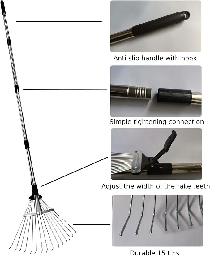 RISETEX Leaf Rake with 53 Gal Leaf Bags, Expandable Heavy Duty Metal Set | Dustpan-type Yard Waste bags, long steel handle Rake for leaves, for lawns, shrubs, grass, yard cleanup, gardening