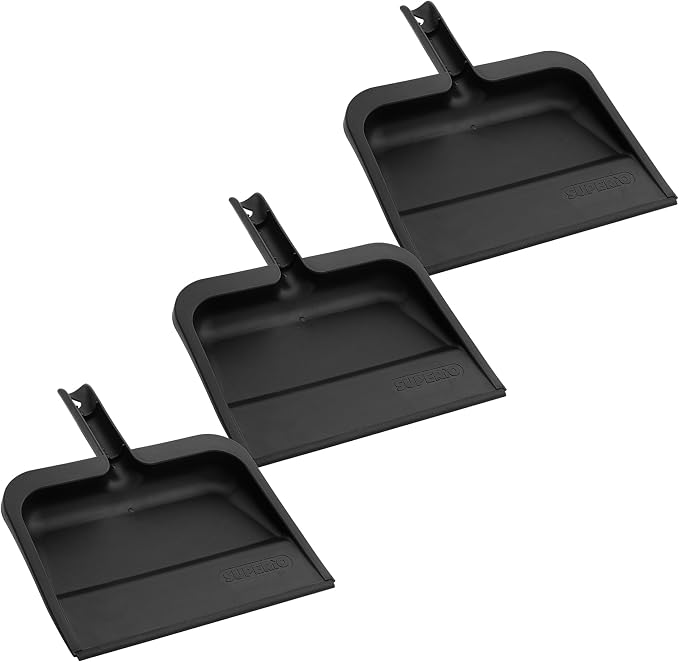 Superio Clip-On Dustpan with Rubber Lip - 10-inch Wide Durable Plastic Dust Pan with Comfort Grip Handle, Black, 3-Pack
