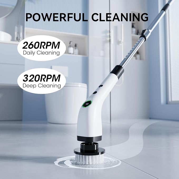 Electric Bathroom Cleaning Brush Cordless Shower Scrubber SD-CTB01 | Spin Scrubber Full Body Waterproof IPX7 with Adjustable Handle, 8 Replaceable Brush Heads for Bathtub/Kitchen/Window/Home