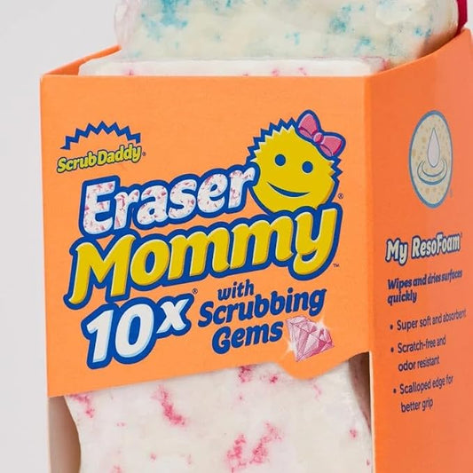 Scrub Daddy Eraser Mommy 10x with Scrubbing Gems Erase, flip, Wipe! A Gentle Wipe with The Water Activated Sponge Eraser (2 Pack)