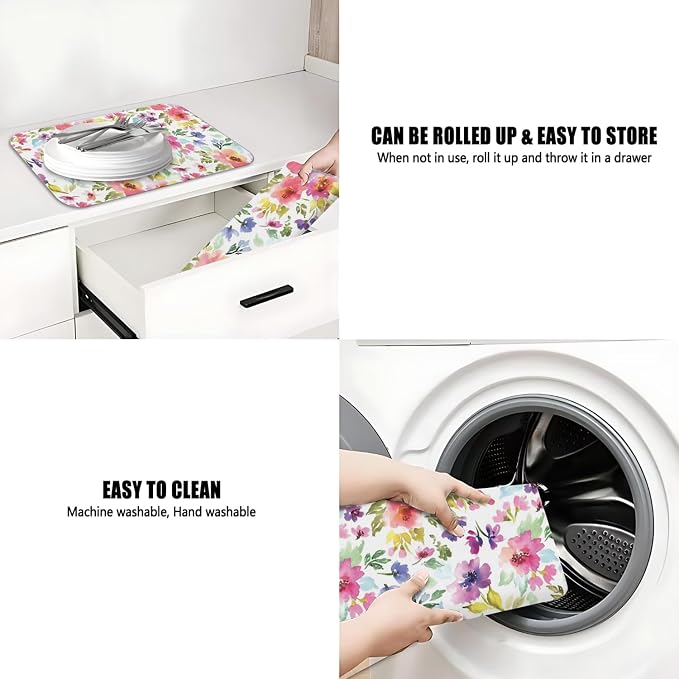 Dish Drying Mat 2-Pack in Watercolor Floral for Kitchen Counter Dishes Mat | Diatom Mud Mats (18x24, 19.5x12"). Non-slip rubber back for kitchen counter, coffee bar & sink scenes