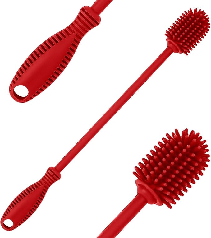 Silicone Bottle Cleaning Brush with Long Handle, BPA Free 12.5" Water Bottle Cleaner for Baby Bottles, Hydro Flask, Sports Bottle, Vase, Glassware, Perfect for Smaller Diameter Bottle Openings (Red)
