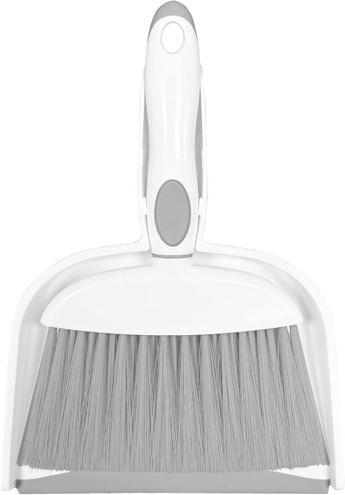Mini Broom and Dustpan Set Small Broom with Dustpan Combo Set Portable Cleaning Tools for Home Office RV Learning Camping (White+Grey)