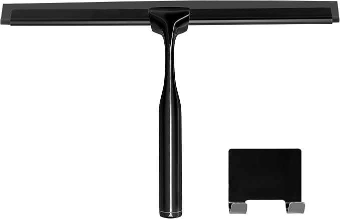 Metal Squeegee – Stainless Steel Window & Shower Cleaner | Soft silicone blade removes water & soap on shower doors, car windshields & glass – includes hook, Black
