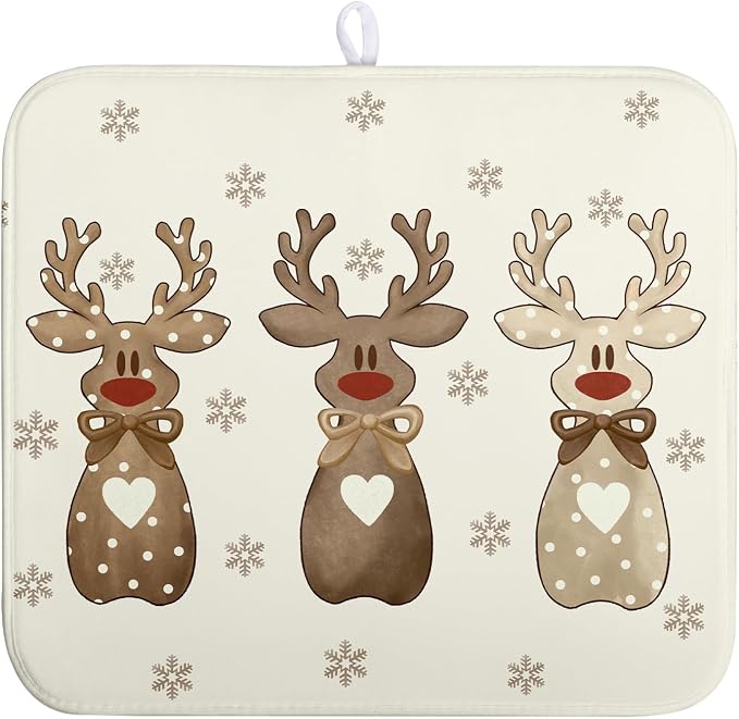 Christmas Reindeer Snowflakes Dish Drying Mat for Kitchen Counter 16x18 Inch Winter Xmas Holiday Drying Pads Microfiber Absorbent Dish Draining Mat Large Dish Drainer Rack Mat