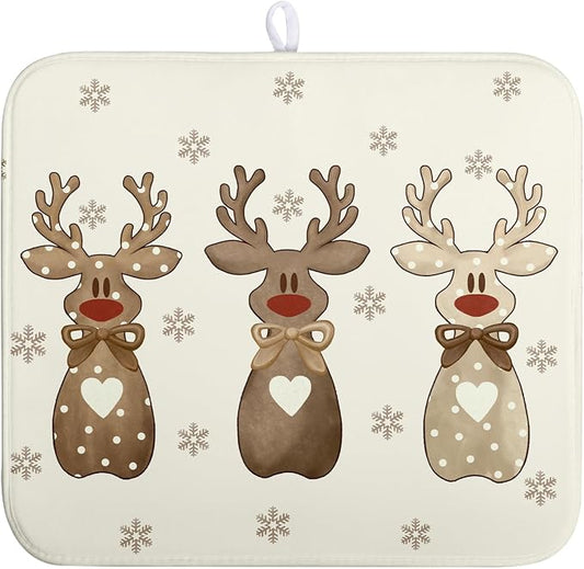 Christmas Reindeer Snowflakes Dish Drying Mat for Kitchen Counter 16x18 Inch Winter Xmas Holiday Drying Pads Microfiber Absorbent Dish Draining Mat Large Dish Drainer Rack Mat