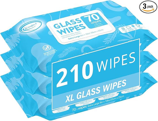 Air Jungles Glass & Window Cleaner Wipes 70 Count (Pack of 3), XL 8x10 Inch | Ammonia-Free, Streak-Free, Safe For Car Windshield, Headlight, Mirror, Tile & Home Glass, Removes Fingerprints, Dust, Dirt