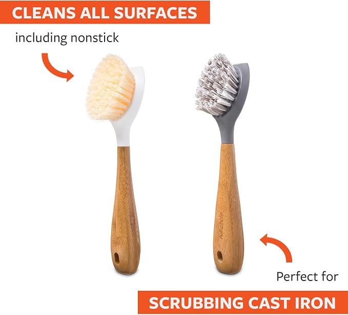 Full Circle Double Dish Brush Set – Durable Scrub Brushes for Dishes, Pots, Pans, and Cast Iron, Includes Daily Dish Brush & Skillet Strong Cast Iron Brush, Sustainable 2-Pack