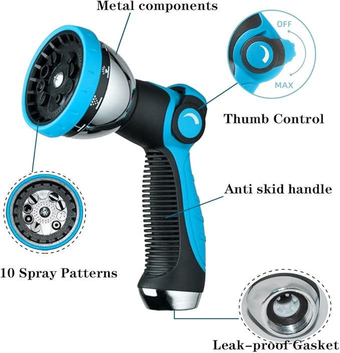 Garden Hose Nozzle Spray Nozzle,10 Hose Metal Duty Watering Patterns Thumb Control On Off Valve, High Pressure Nozzle Sprayer for Watering Plants, Car Wash,Cleaning,Showering Pets Blue