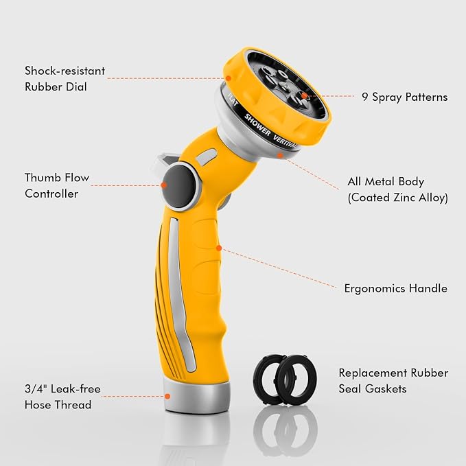 RESTMO Hose Nozzle Heavy Duty, Metal Water Hose Sprayer for Garden | 9 Spray Patterns, Leak Proof, Thumb Flow Control, On/Off Valve, Ideal for Outdoor Lawn & Plant, Car & Pet, Yellow