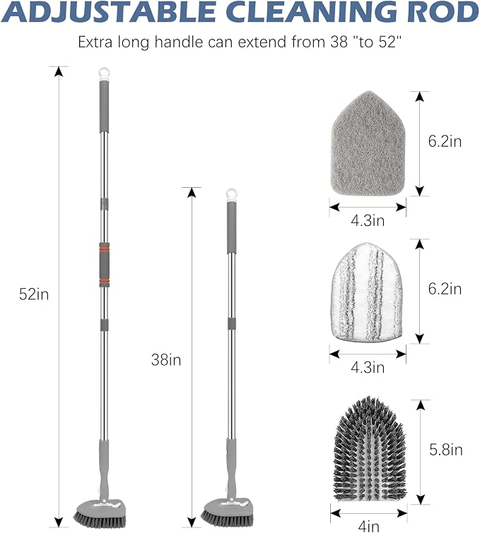SetSail Tile Tub Scrubber Brush 3-in-1 Long Handle Shower Scrubber, Gray | with 3 Detachable Replacement Brush Head, Multi-Angle Cleaning Locks at 45°, 90°, 180° for Bathroom Kitchen Walls Tub Tile