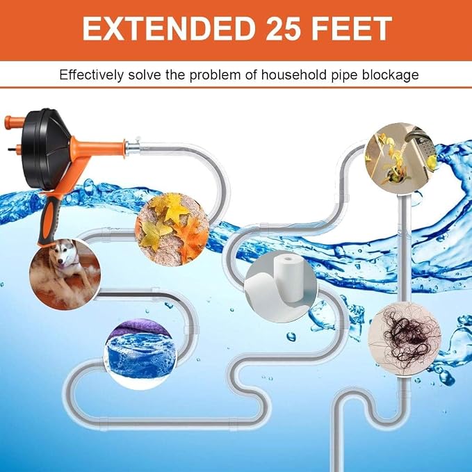 Drain Auger 33ft Drain Clog Remover with Drill Adapter, Flexible Plumbing Snake for Kitchen, Bathroom & Shower, Manual or Drill Powered (33ft Drain Auger + Tool Kit)