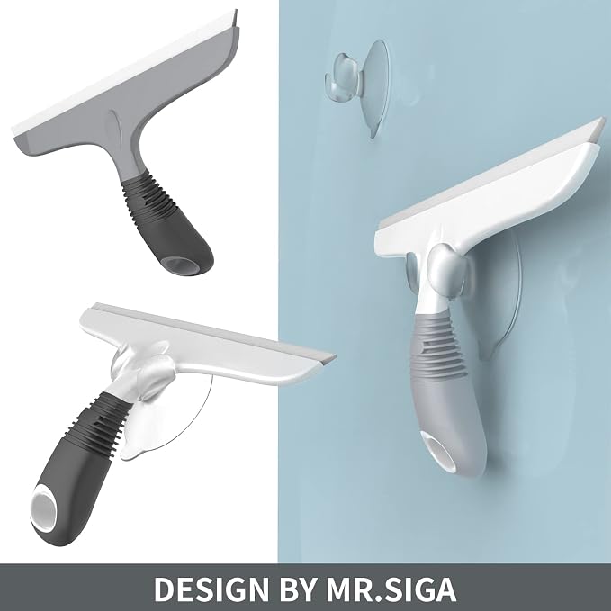 MR.SIGA Silicone Squeegee for Shower Doors, 10 inch, White & Gray, 2 Pack | Shower squeegee for glass doors, streak free squeegee for windows, showers and glass surfaces, includes suction hook