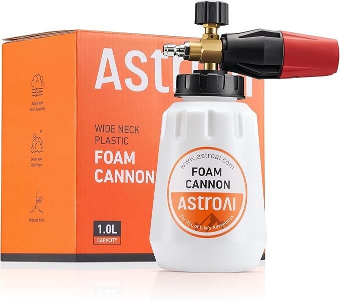 AstroAI Foam Cannon for Pressure Washer with 1/4" Quick Connect Plug, 1 L | Thick Foam, Car Wash, Heavy Duty Durable Foam Sprayer, Wide Neck, Adjustable Snow Foam Lance, Easy Install, Detailing, Brass