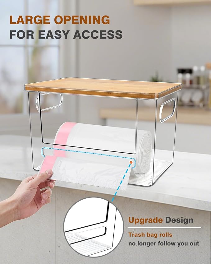 Trash Bag Dispenser 2 Pack - Under Sink Organizer, Plastic Bag Holder, Stackable Acrylic Garbage Bag Storage with Bamboo Lid for Kitchen Cabinet, 13/30/33 Gallon Grocery Bag Dispenser