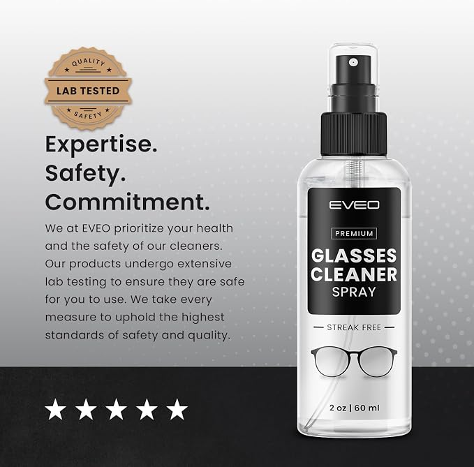 EVEO Glasses Cleaner Spray - Eyeglass Cleaner (No Streaks)| Eye Glass Cleaners Spray + Lens Cleaner Microfiber Cleaning Cloth, Glasses Cleaning Kit Eye - 2oz