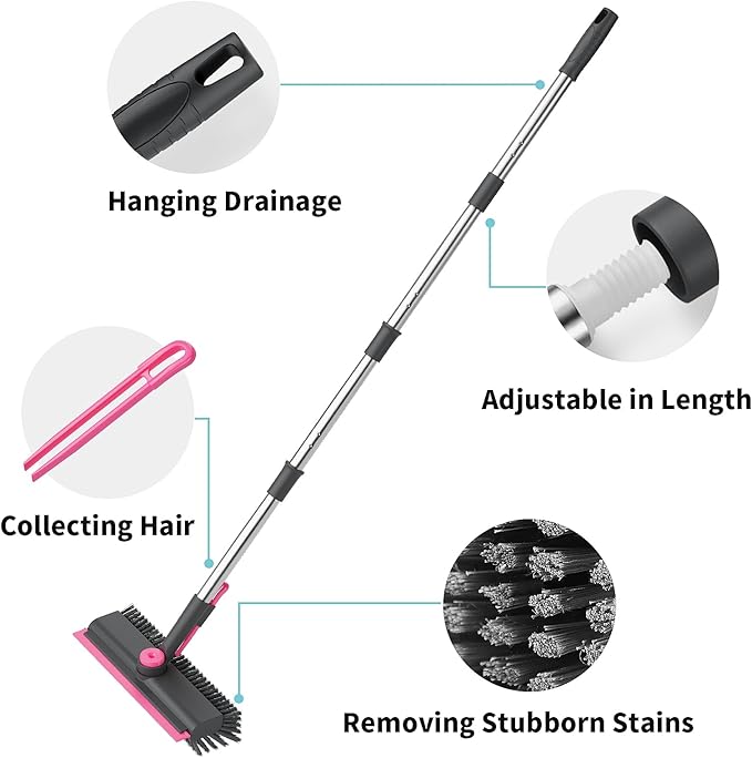 AIR U+ Floor Scrub Brush with Long Handle, 3-in-1 Rotating Head & Squeegee | Stiff Dual-Sided Bristles for Shower, Bathroom, Kitchen and Patio, 30–50 In Handle for Easier Stand-Up Cleaning, Gray & Pink