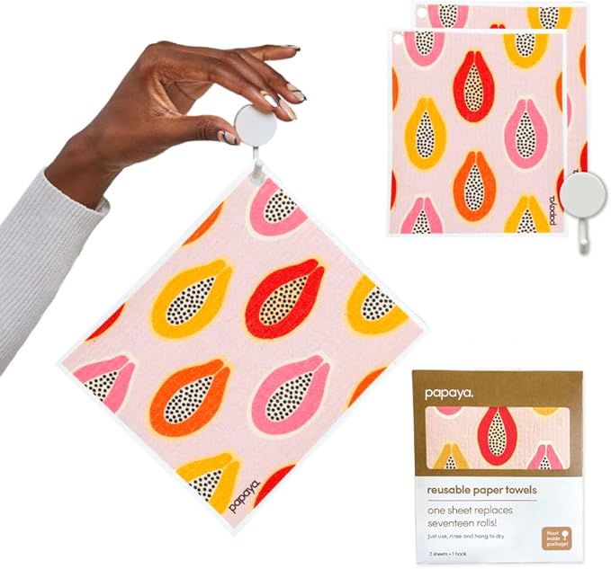 Papaya Swedish Dishcloths for Kitchen, 2 Reusable Paper Towels, 1 Hook