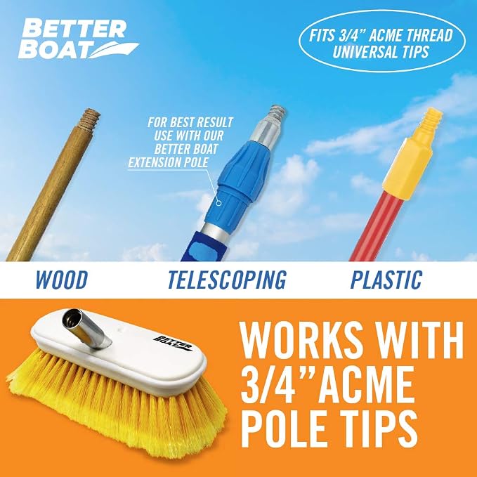 Soft Boat Deck Brush, Heavy-Duty Marine Brush Head, 8" Bristle with Bumper, 3/4" Thread Handle, for RV, Truck, and Auto Cleaning