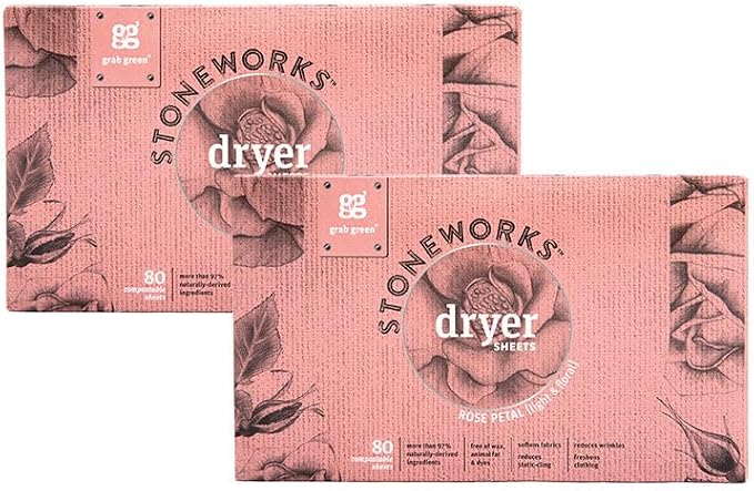 Grab Green Stoneworks Dryer Sheets, 160 Count, Fragrance Free, Compostable | Softens fabrics; Reduces Static; Cruelty-free; Plant & Mineral Based; No Harsh Chemicals