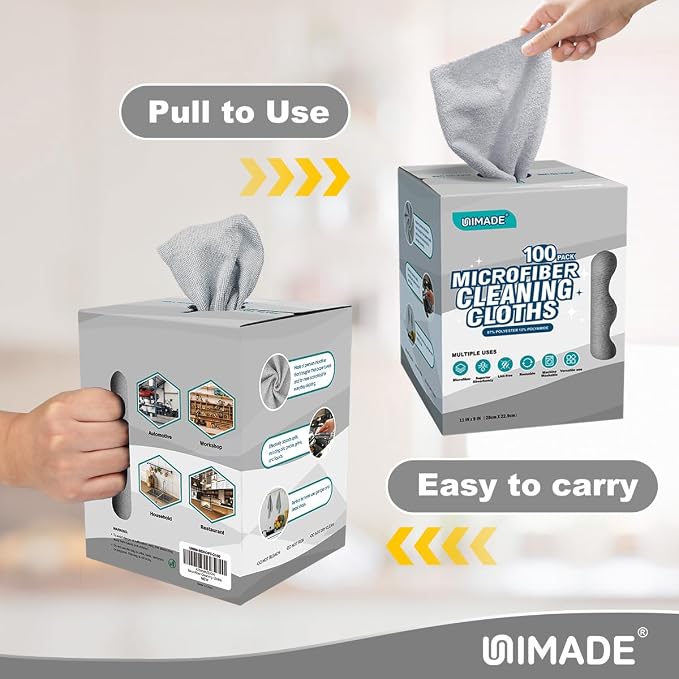 UNIMADE Microfiber Cleaning Cloth, 100 Sheets Microfiber Towels for Cars | Commercial Grade Washcloths Lint-Free Bulk Shop Towel Cleaning Rags for Household Restaurant Garage, 11"x 9", Grey