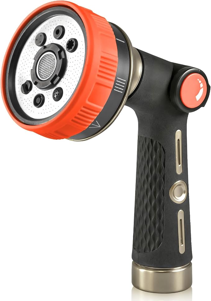 RAINPOINT Hose Sprayer Nozzle Heavy Duty - 8 Spray Patterns Garden Hose Nozzle with Adjustable Flow Control for Watering Plants, Washing Cars,Washing Pets, Thumb Control (Orange)