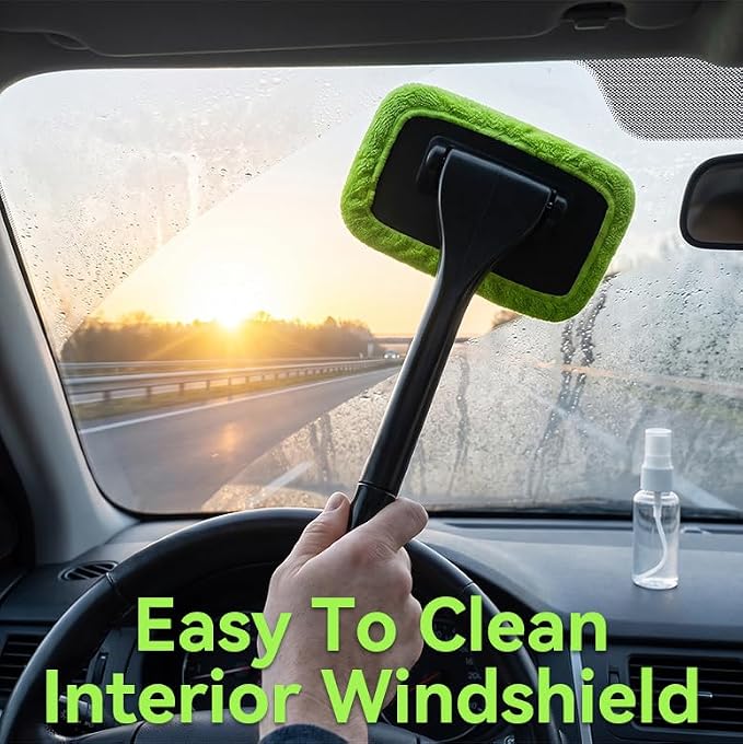 Car Windshield Cleaner Tool, Inside Windshield Cleaning Tool | with 4 Washable and Reusable Microfiber Pads, Auto Wiper Inside Compact Windshield Brush for Car & Home Windows